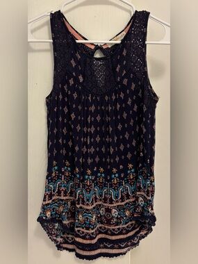 Rewind Navy With Multicolor Boho Print & Lace Tank Top Womans Size Small